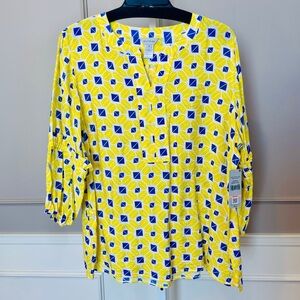 Multiples 2X NWT Popover Top Shirt Blouse Yellow Blue Cinched Summer Breeze NEW